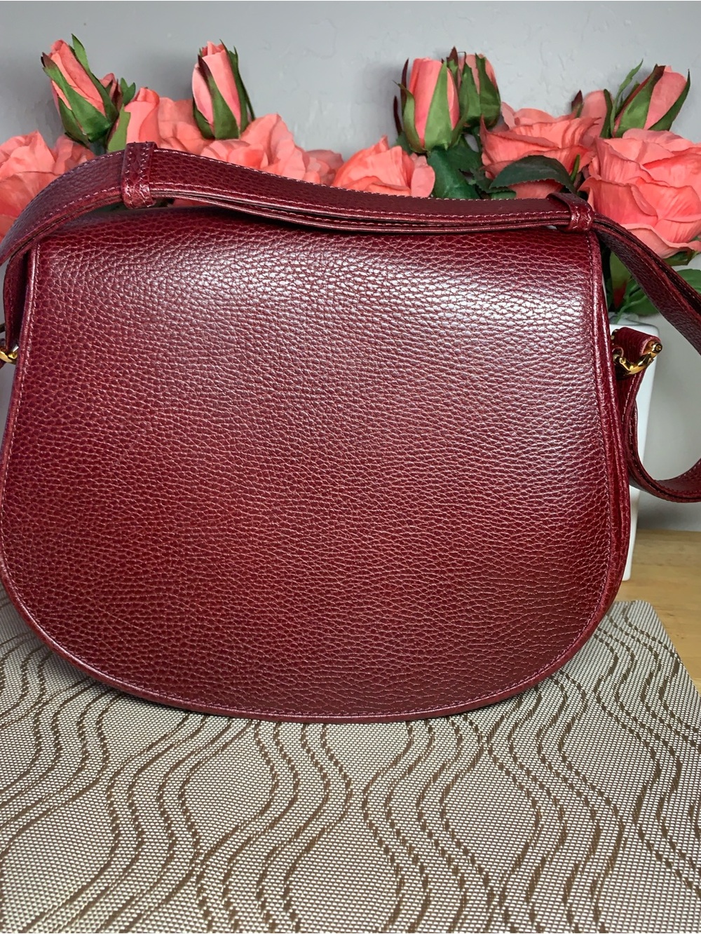 Cartier Burgundy Pebbled Leather Saddle Shoulder Bag